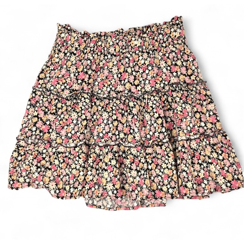 Wild Fable Floral Tiered Mini Skirt Pink Yellow Black Smocked Waist Small - Picture 2 of 6